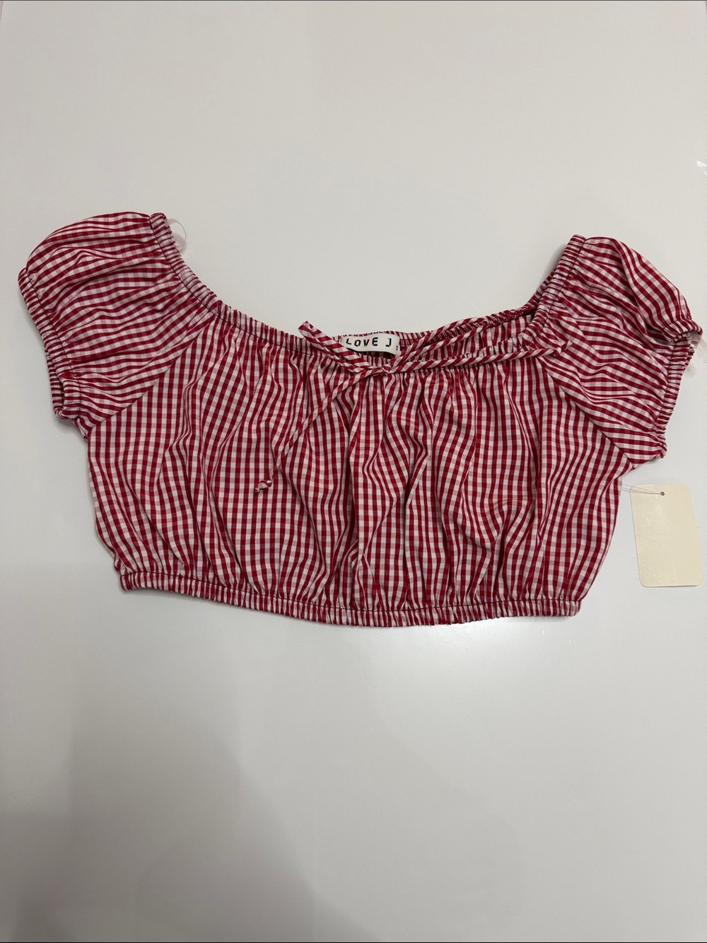 Red Gingham Off-Shoulder Tie-Front Crop Top